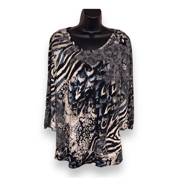 XL VINTAGE 90s PERSEPTION LEOPARD ANIMAL PRINT BLOUSE TOP STRETCH BLUE BLACK - Picture 1 of 9